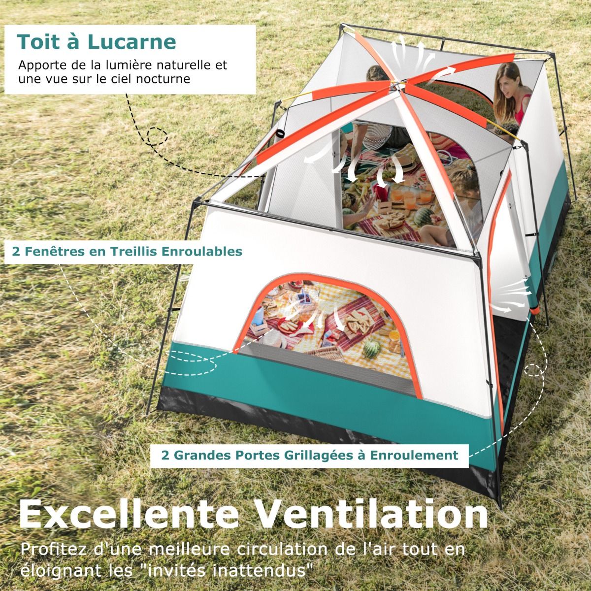 6/8/10 Person Camping Tent with Canopy Large Family Tent with 2 Bedrooms 2 Doors 2 Windows Mesh Green -