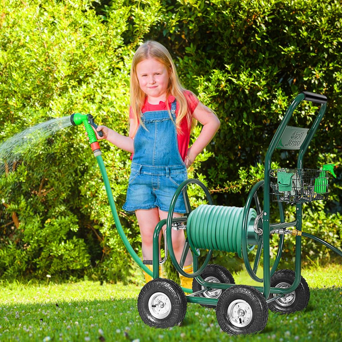Garden Hose Reel with 4 Wheels Trolley for 1.7m of Watering Hose Basket, 95x62x113cm, Green -