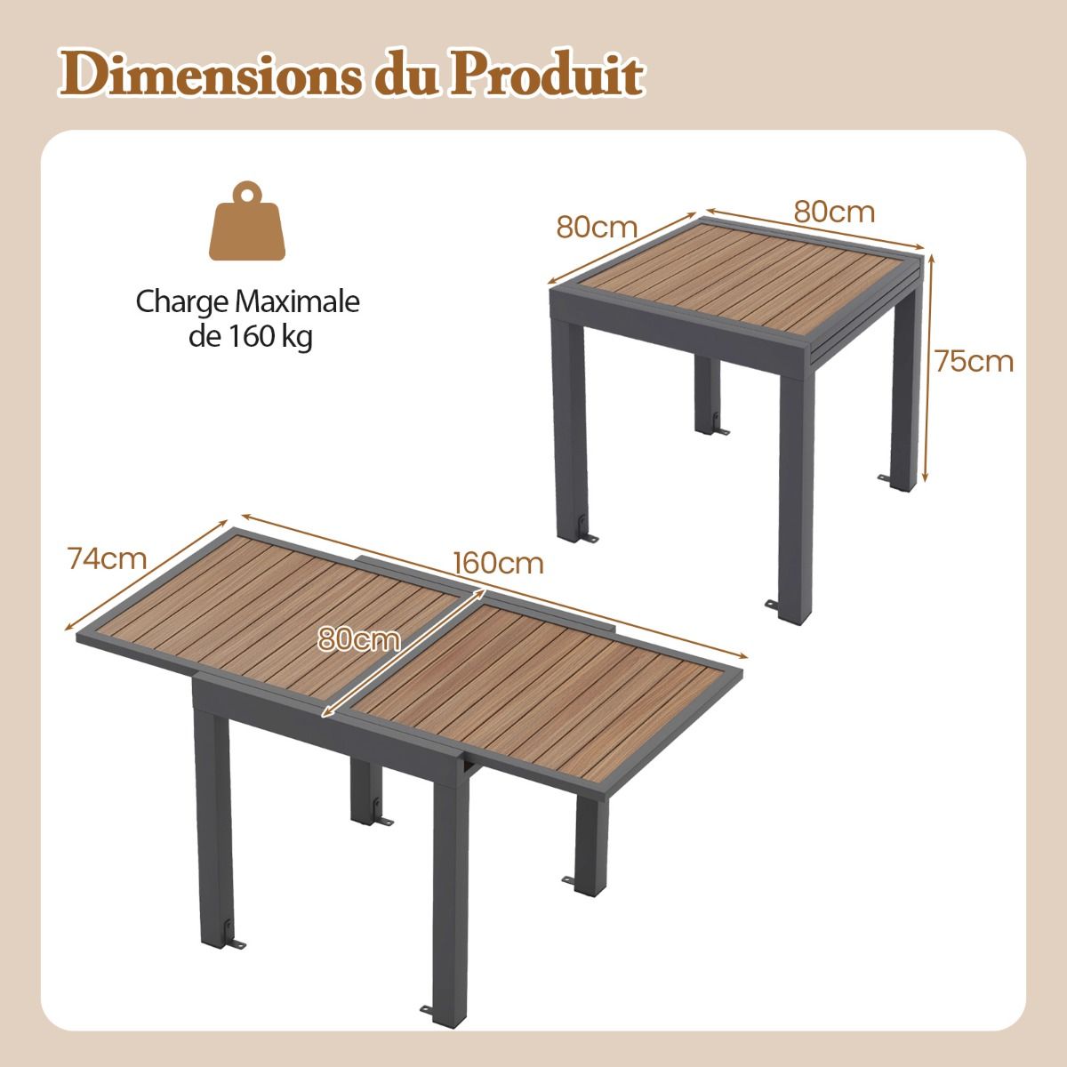 Extendable Aluminum Garden Table Adjustable from 80 to 160 CM Rectangular Outdoor Dining Table for 4-6 People Natural -