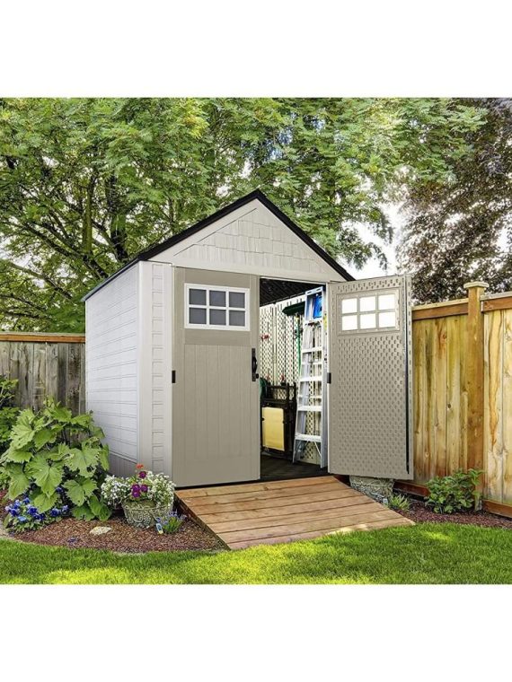 77 Ft Durable Weather Resistant Resin Outdoor Garden Storage Shed with Windows and Utility Hooks, Sand - Product image 8