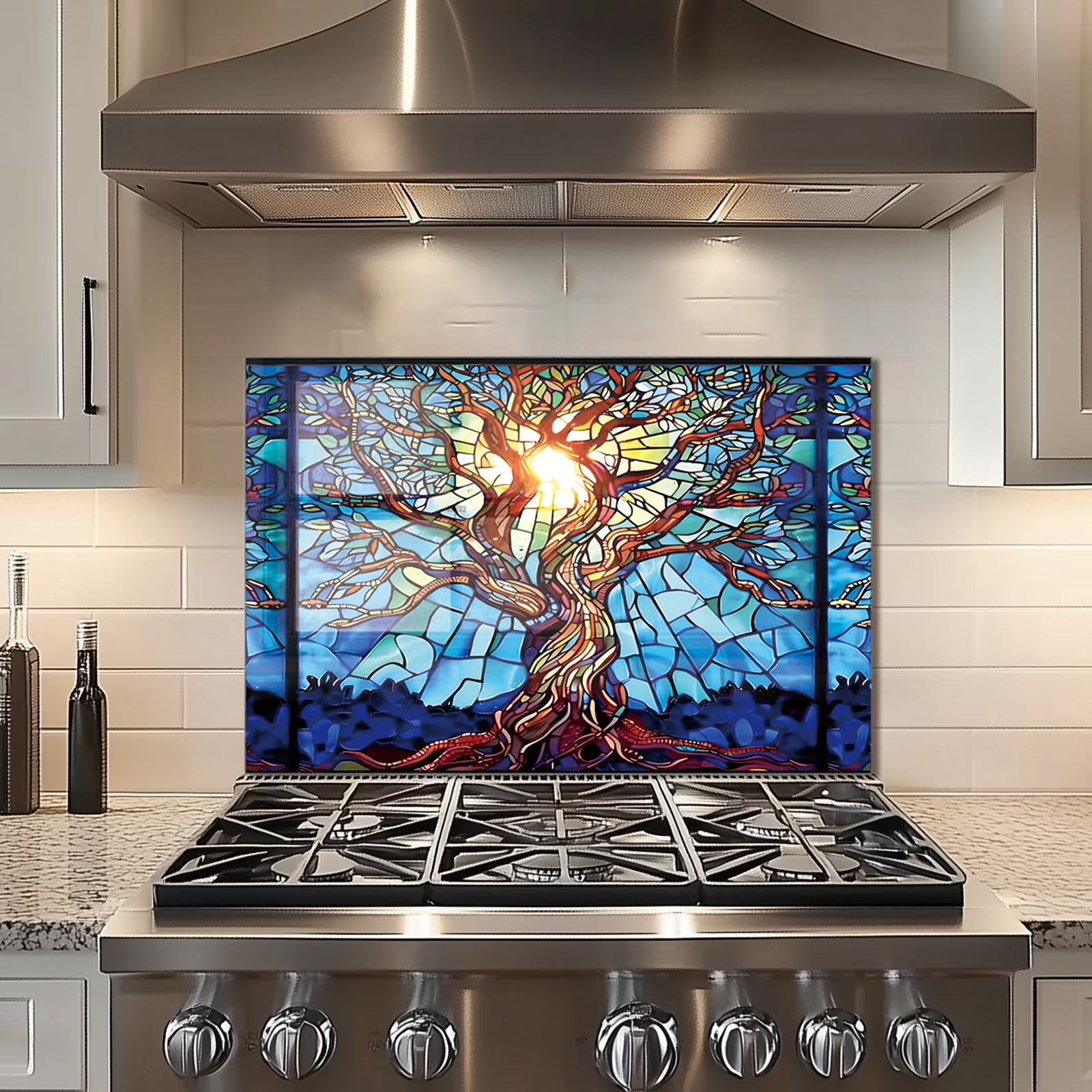 Mosaic Tree of Life Tempered Glass Backsplash for Kitchen Behind Stove, Back Top Cover - Product image 1