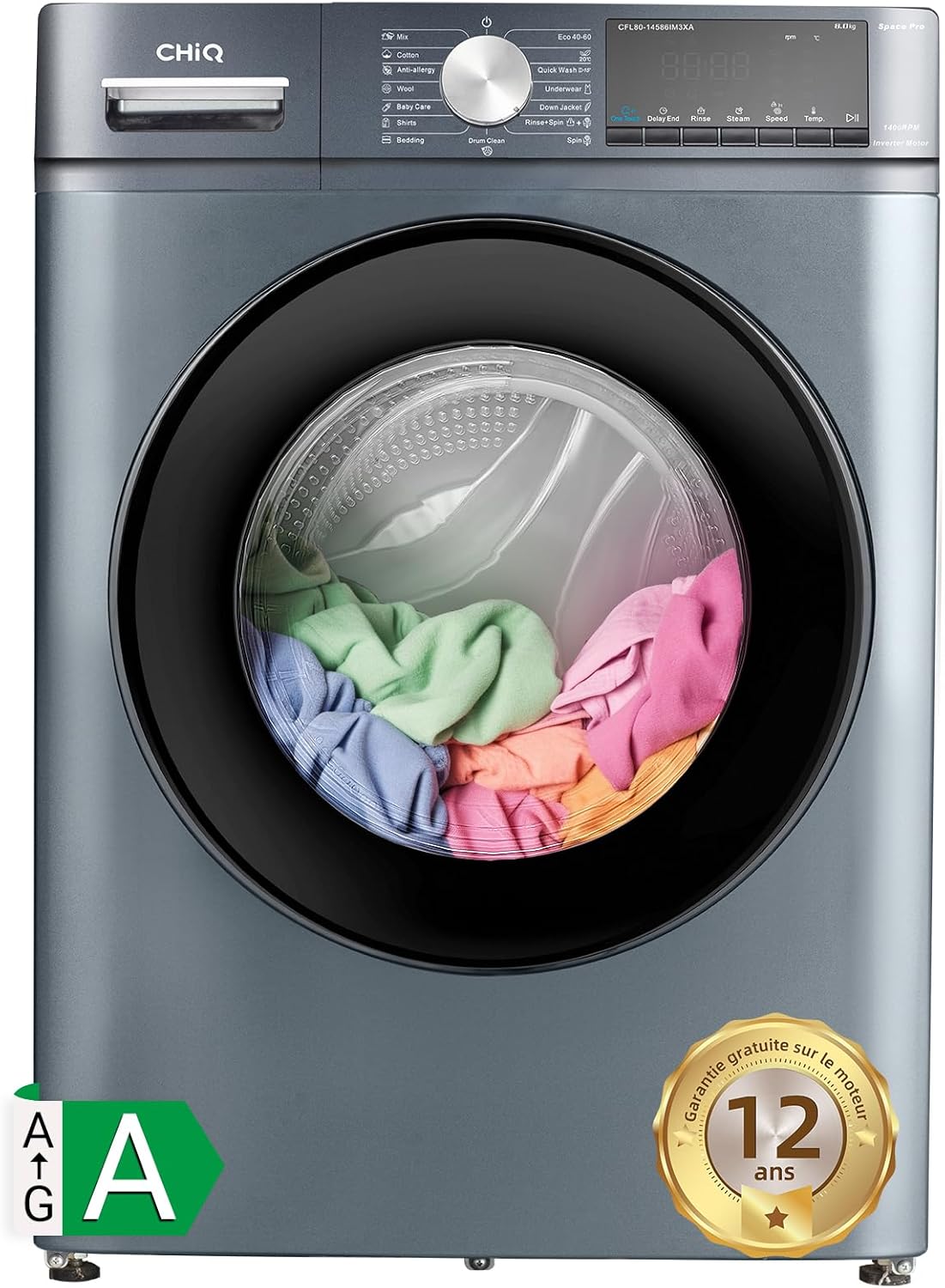CHiQ Washing Machine CFL80-14586IM3XA, Front loading 8 kg, Space Pro, Stable inverter motor, 1400 rpm, Intelligent AI program, Steam function, Quick wash 15 minutes, 15 wash cycles, Gray