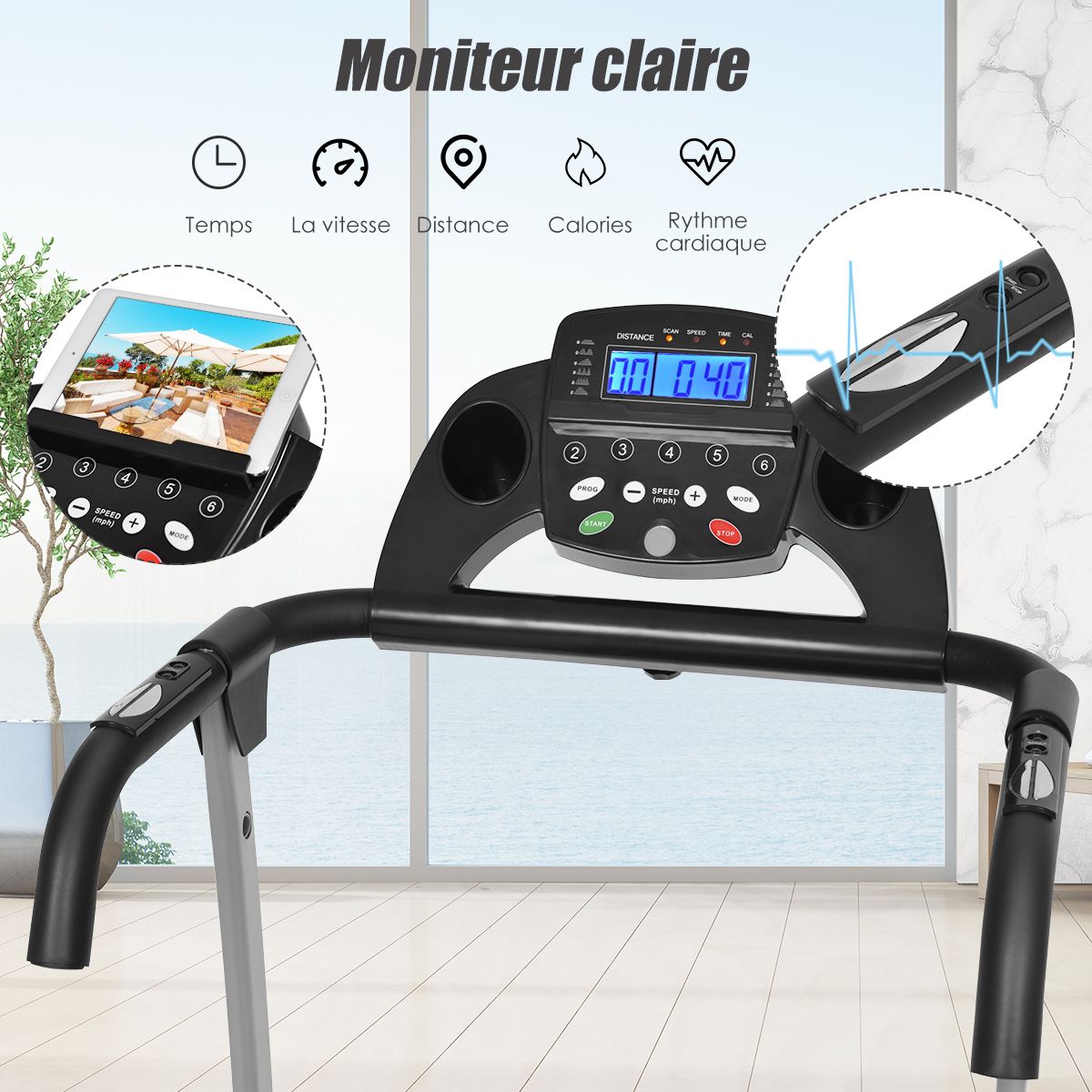Foldable Electric Treadmill with Screen and Heart Rate Monitor with Speed from 1 to 10 km/h and 12 Programs Black -