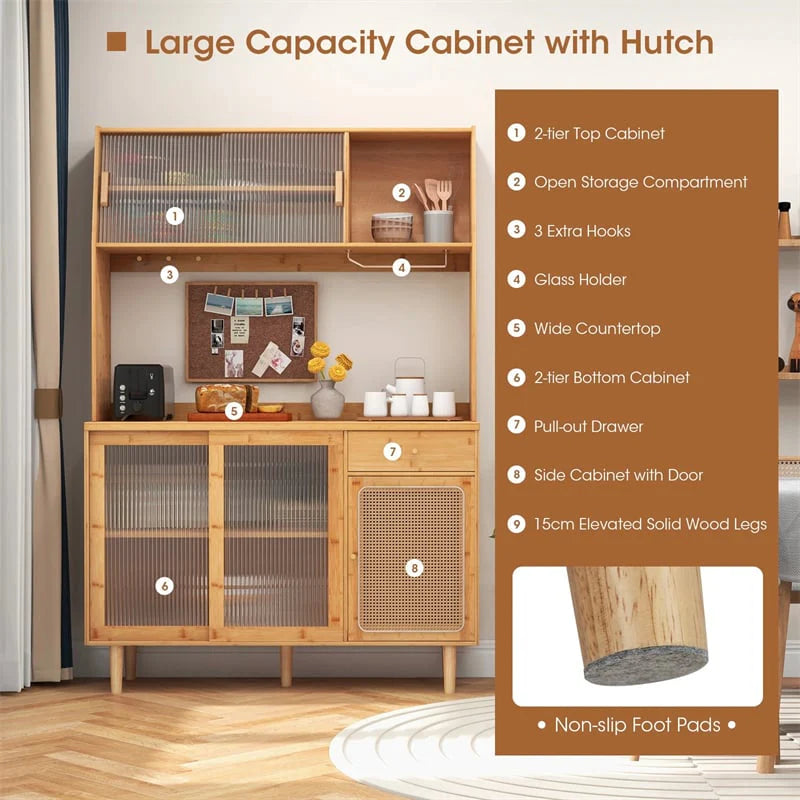 69" Tall Bamboo Kitchen Pantry Hutch Cabinet, Freestanding Buffet Sideboard with Rattan Door - Product image 5