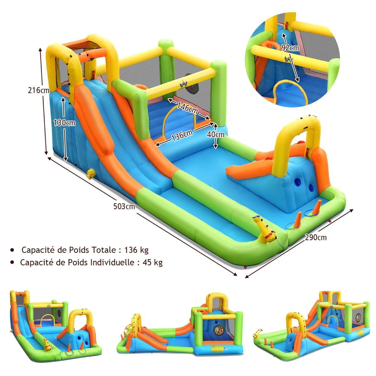 8 in 1 Inflatable Castle with 2 Slides Water Park with Jumping House Load 135kg for 3 Children Ages 3-10 -