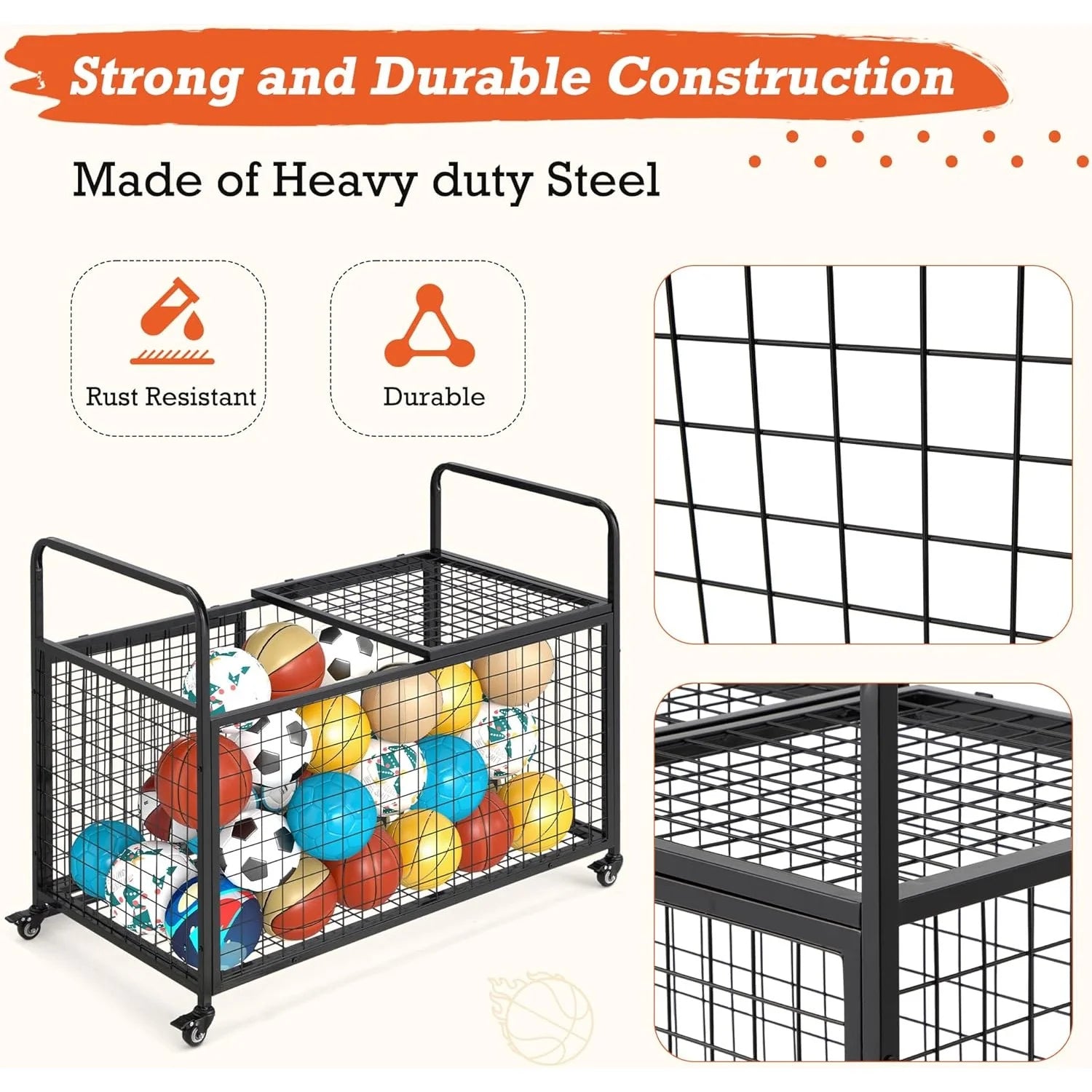 AECOJOY Ball Cart Storage, Rolling Basketball Bin with Wheels for Garage, School, Gym - Product image 6