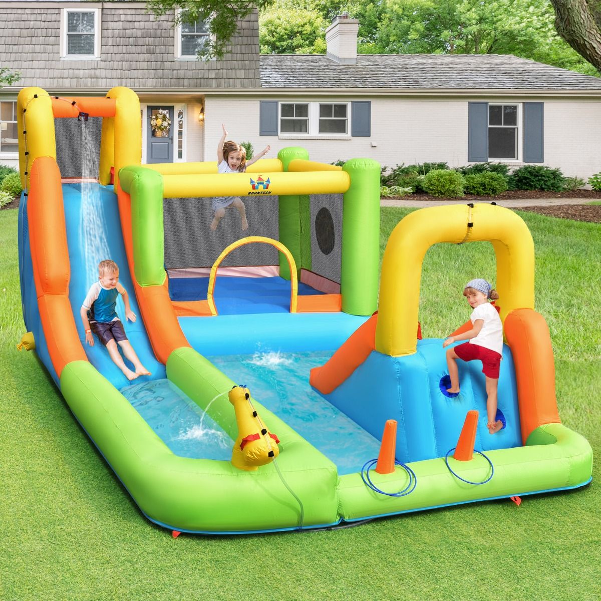 8 in 1 Inflatable Castle with 2 Slides Water Park with Jumping House Load 135kg for 3 Children Ages 3-10 -