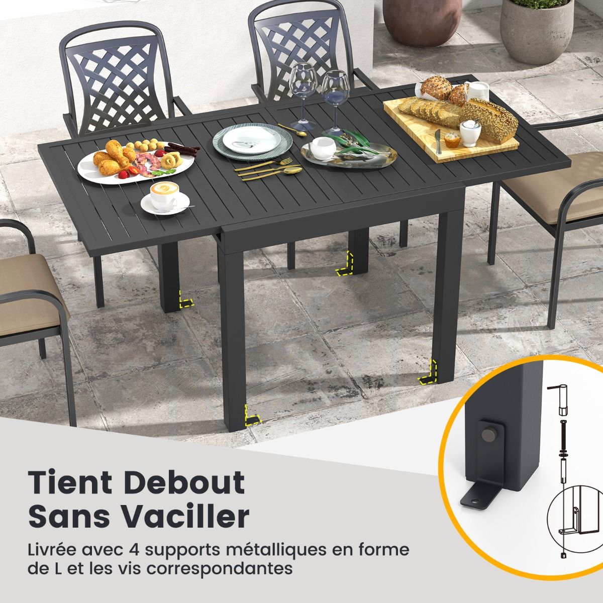 Extendable Aluminum Garden Table Adjustable from 80 to 160 CM Outdoor Dining Table Slatted Top for 4-6 People Dark Gray -