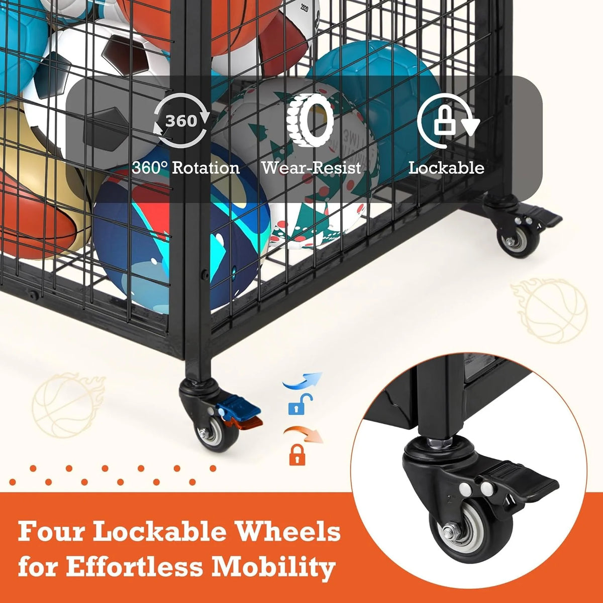 AECOJOY Ball Cart Storage, Rolling Basketball Bin with Wheels for Garage, School, Gym - Product image 4