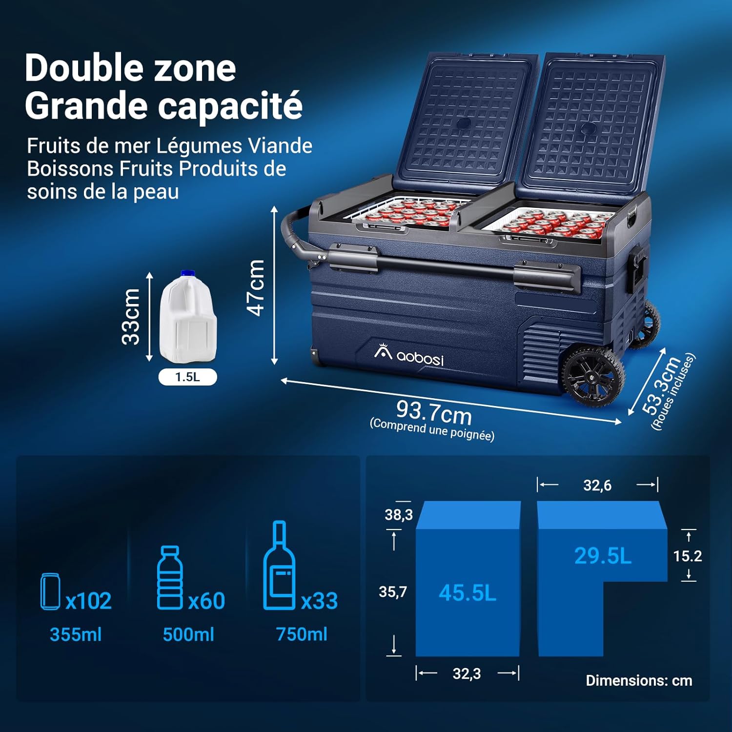 115L Double Zone Electric Cooler, WiFi APP Compression Cooler, 12 V/24 V and 100-240 V Camping Fridge, -20 to 20 for Car, Truck, Boat, Camping, Car, Caravans, Traveling, Home