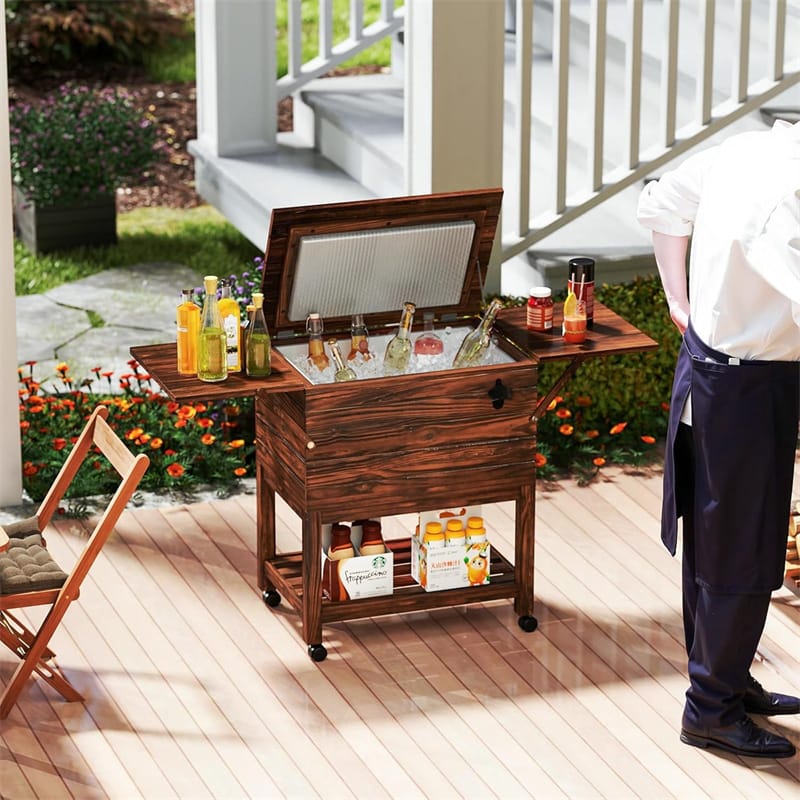 54 Quart Wooden Rolling Cooler Cart, Patio Ice Chest with 2 Drop Leaf Tables, Bottle Opener & Bottom Shelf - Product image 3