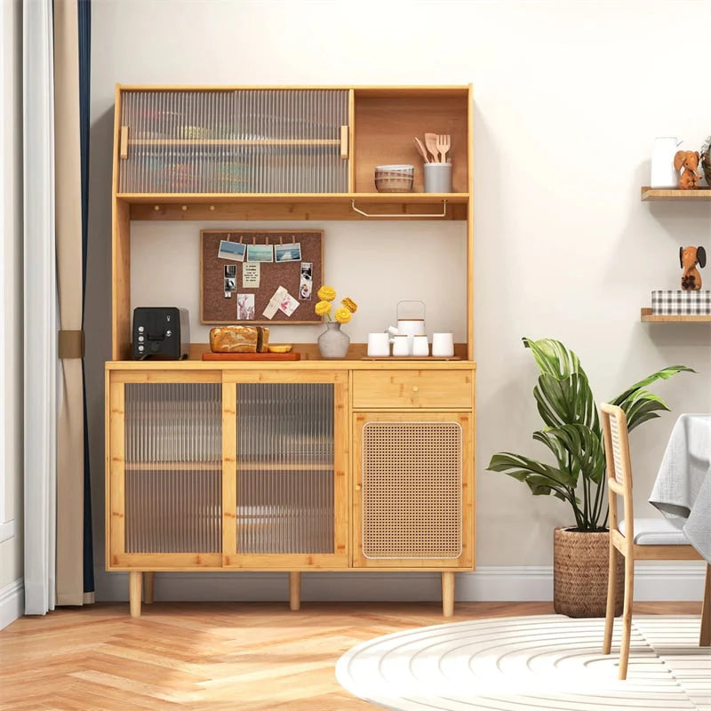 69" Tall Bamboo Kitchen Pantry Hutch Cabinet, Freestanding Buffet Sideboard with Rattan Door - Product image 10