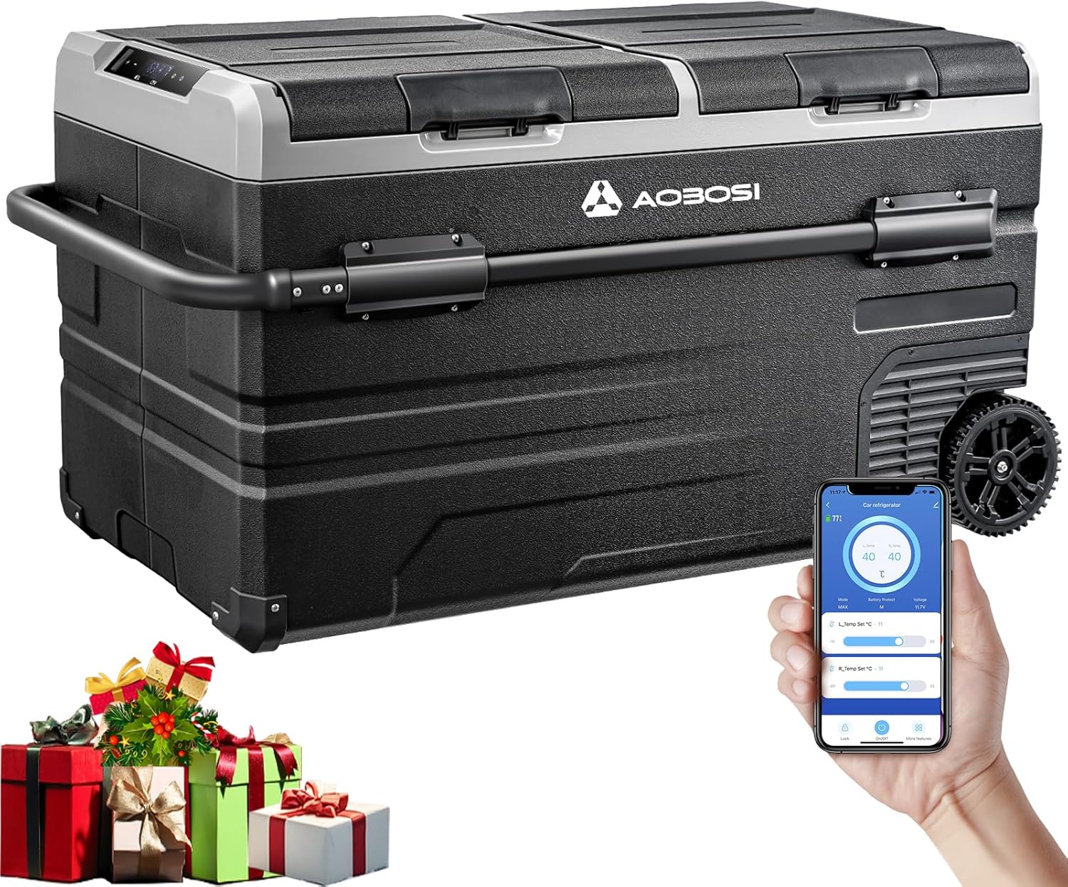 115L Double Zone Electric Cooler, WiFi APP Compression Cooler, 12 V/24 V and 100-240 V Camping Fridge, -20 to 20 for Car, Truck, Boat, Camping, Car, Caravans, Traveling, Home
