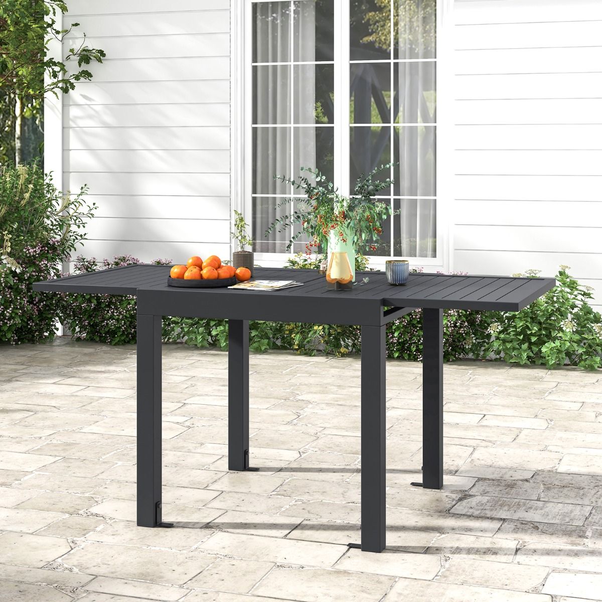 Extendable Aluminum Garden Table Adjustable from 80 to 160 CM Outdoor Dining Table Slatted Top for 4-6 People Dark Gray -