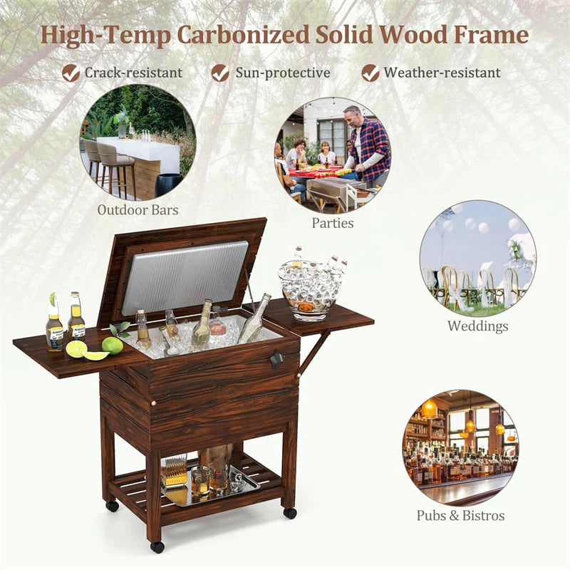 54 Quart Wooden Rolling Cooler Cart, Patio Ice Chest with 2 Drop Leaf Tables, Bottle Opener & Bottom Shelf - Product image 12