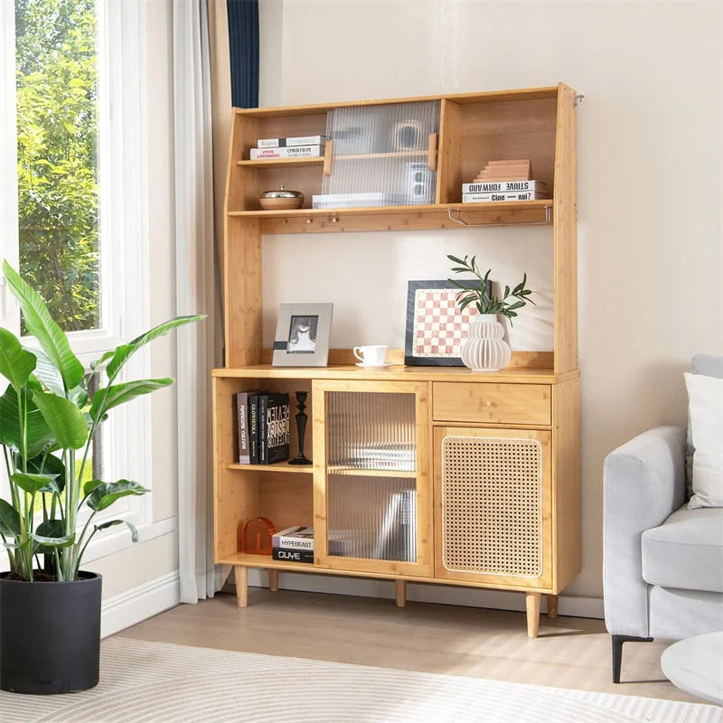 69" Tall Bamboo Kitchen Pantry Hutch Cabinet, Freestanding Buffet Sideboard with Rattan Door - Product image 9