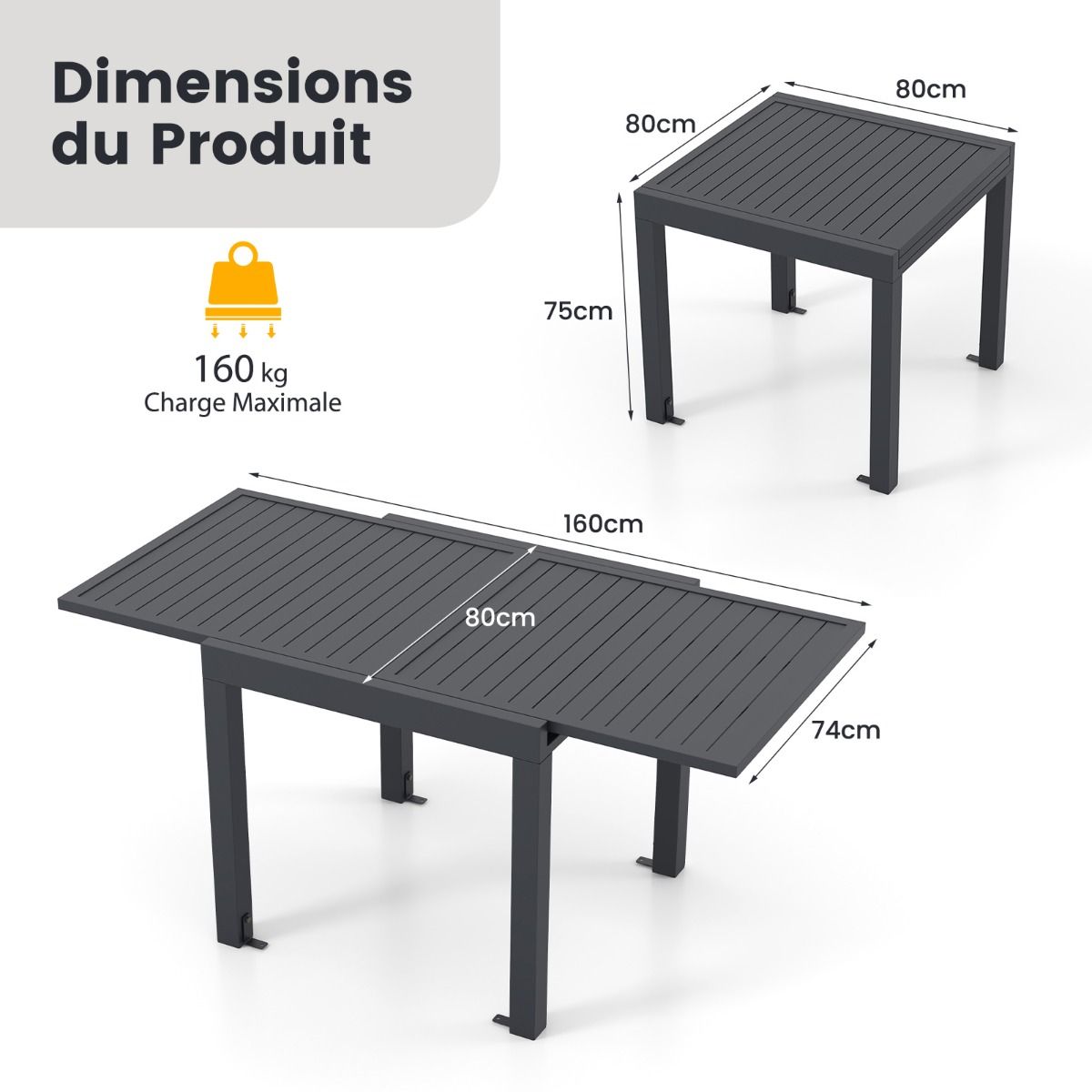 Extendable Aluminum Garden Table Adjustable from 80 to 160 CM Outdoor Dining Table Slatted Top for 4-6 People Dark Gray -