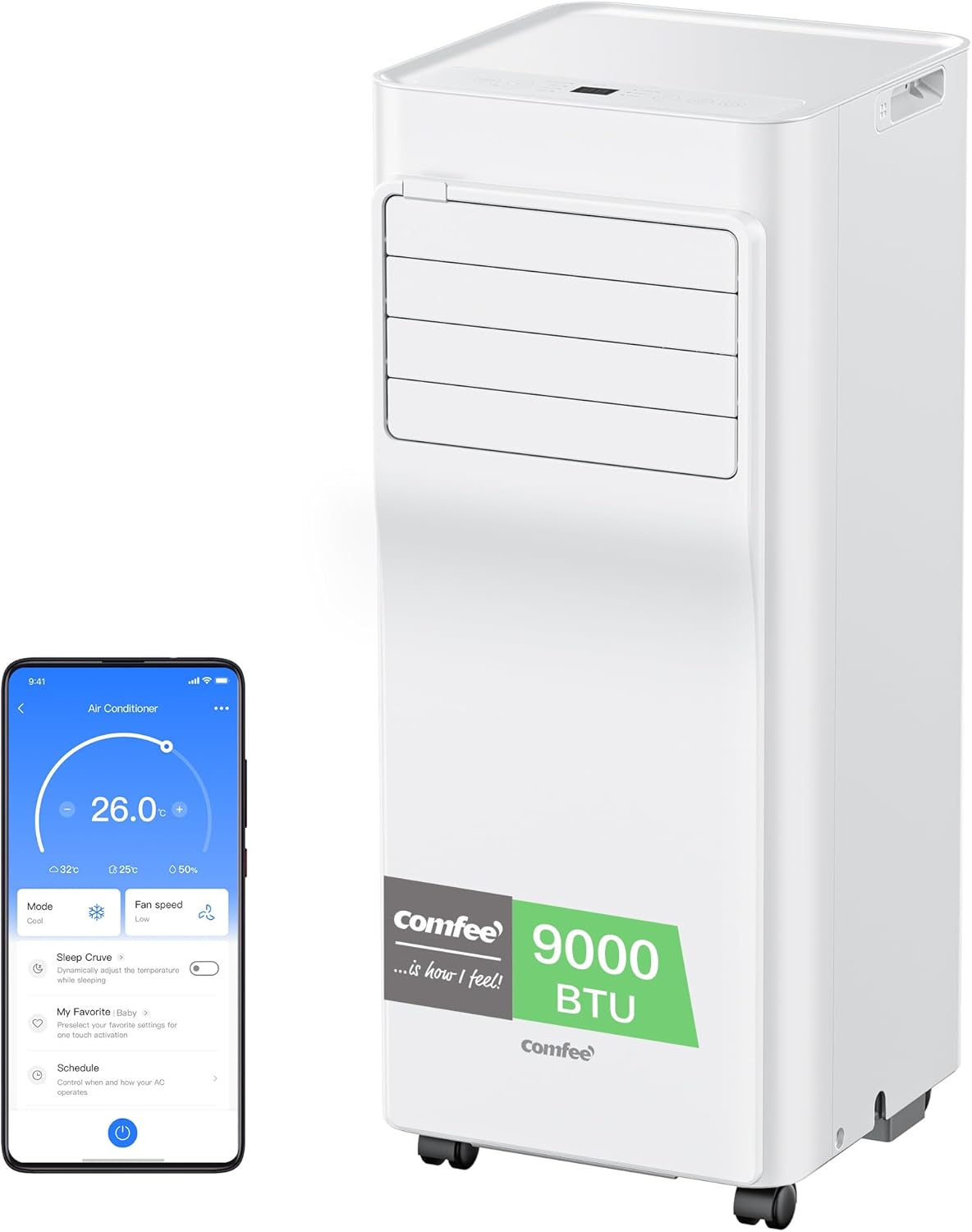 COMFEE' Mobile Air Conditioner 9000 BTU/h 2.6kW, APP Control, 3 Modes, 3 Fan Speeds, Compact Dimensions, For 33㎡ Rooms, Breezy Cool 2.6, Works with Alexa