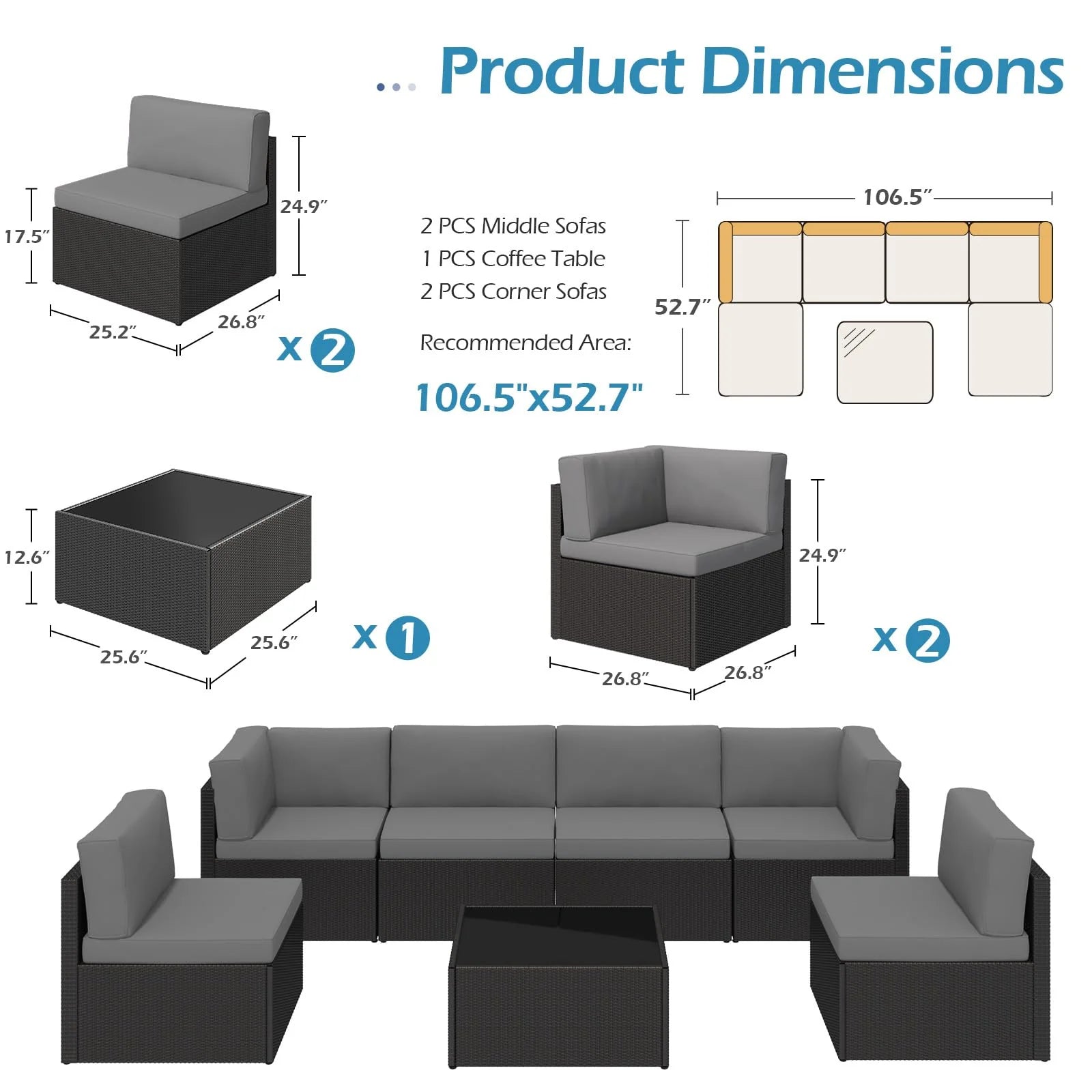 AECOJOY 7 Piece Outdoor Patio Furniture Set, Black & Dark Gray