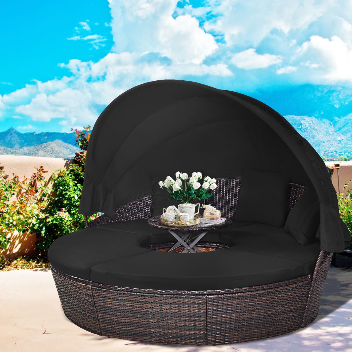 Round Outdoor Garden Bed Modular & Convertible Liftable Table - Adjustable PE Rattan Sun Shade Cushions Included Black -