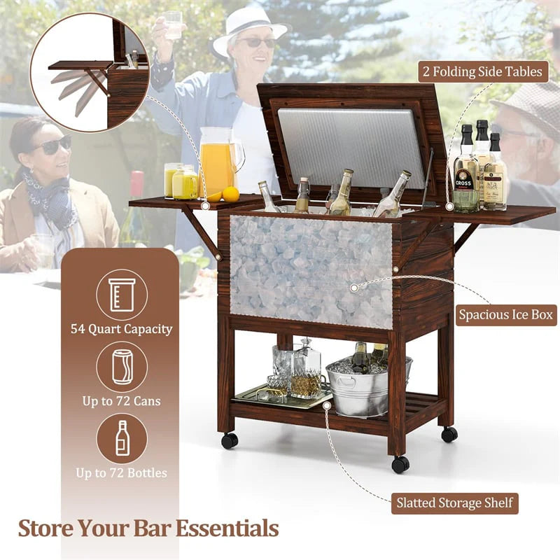 54 Quart Wooden Rolling Cooler Cart, Patio Ice Chest with 2 Drop Leaf Tables, Bottle Opener & Bottom Shelf - Product image 8