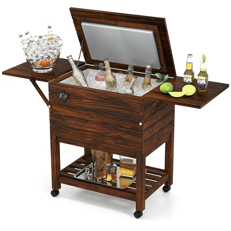 54 Quart Wooden Rolling Cooler Cart, Patio Ice Chest with 2 Drop Leaf Tables, Bottle Opener & Bottom Shelf - Product image 1