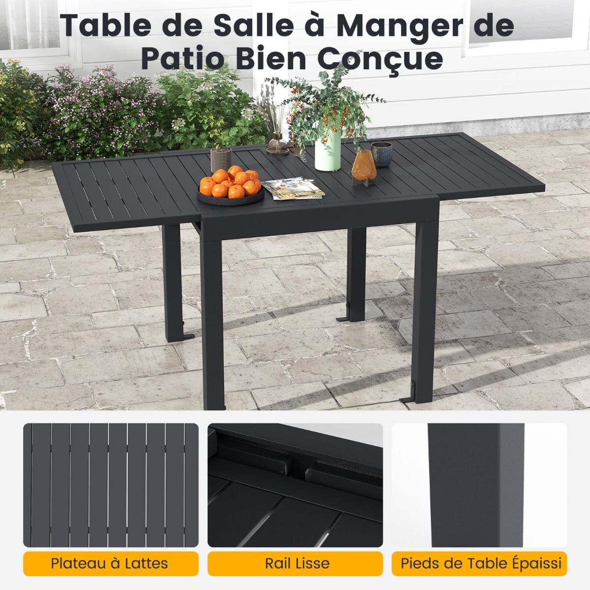 Extendable Aluminum Garden Table Adjustable from 80 to 160 CM Outdoor Dining Table Slatted Top for 4-6 People Dark Gray -