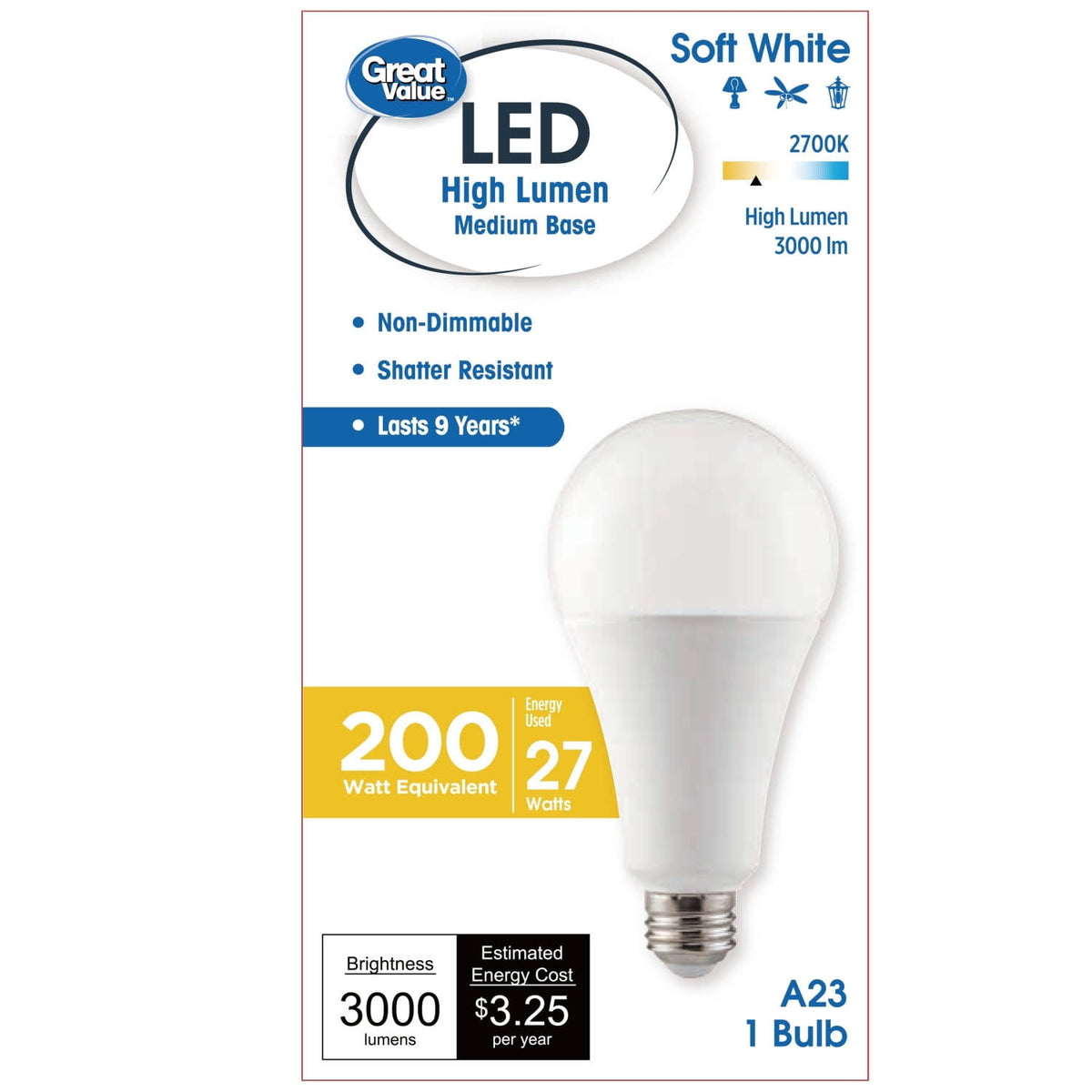 Great Value 200 Watt LED A23 Bulb, Soft White - 1 Each - Product image 1