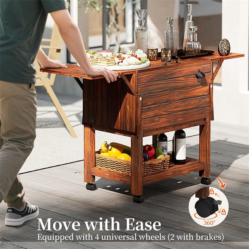 54 Quart Wooden Rolling Cooler Cart, Patio Ice Chest with 2 Drop Leaf Tables, Bottle Opener & Bottom Shelf - Product image 10
