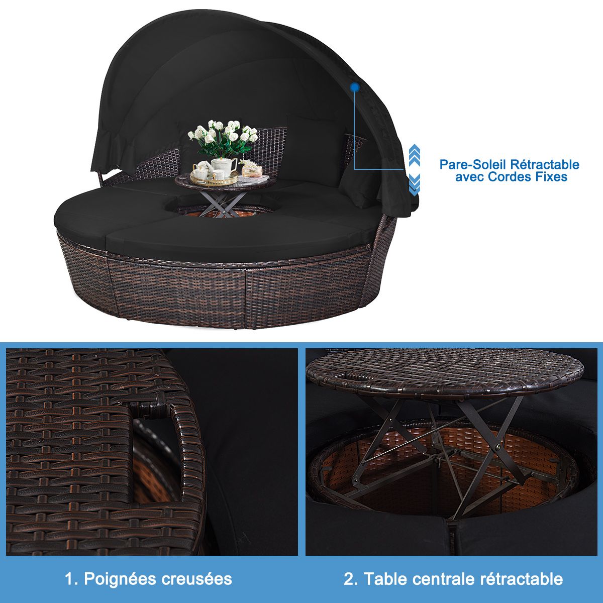 Round Outdoor Garden Bed Modular & Convertible Liftable Table - Adjustable PE Rattan Sun Shade Cushions Included Black -