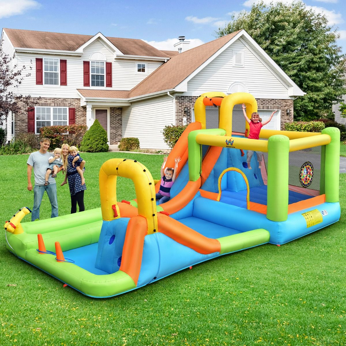 8 in 1 Inflatable Castle with 2 Slides Water Park with Jumping House Load 135kg for 3 Children Ages 3-10 -