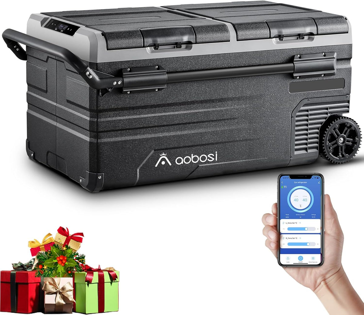 115L Double Zone Electric Cooler, WiFi APP Compression Cooler, 12 V/24 V and 100-240 V Camping Fridge, -20 to 20 for Car, Truck, Boat, Camping, Car, Caravans, Traveling, Home