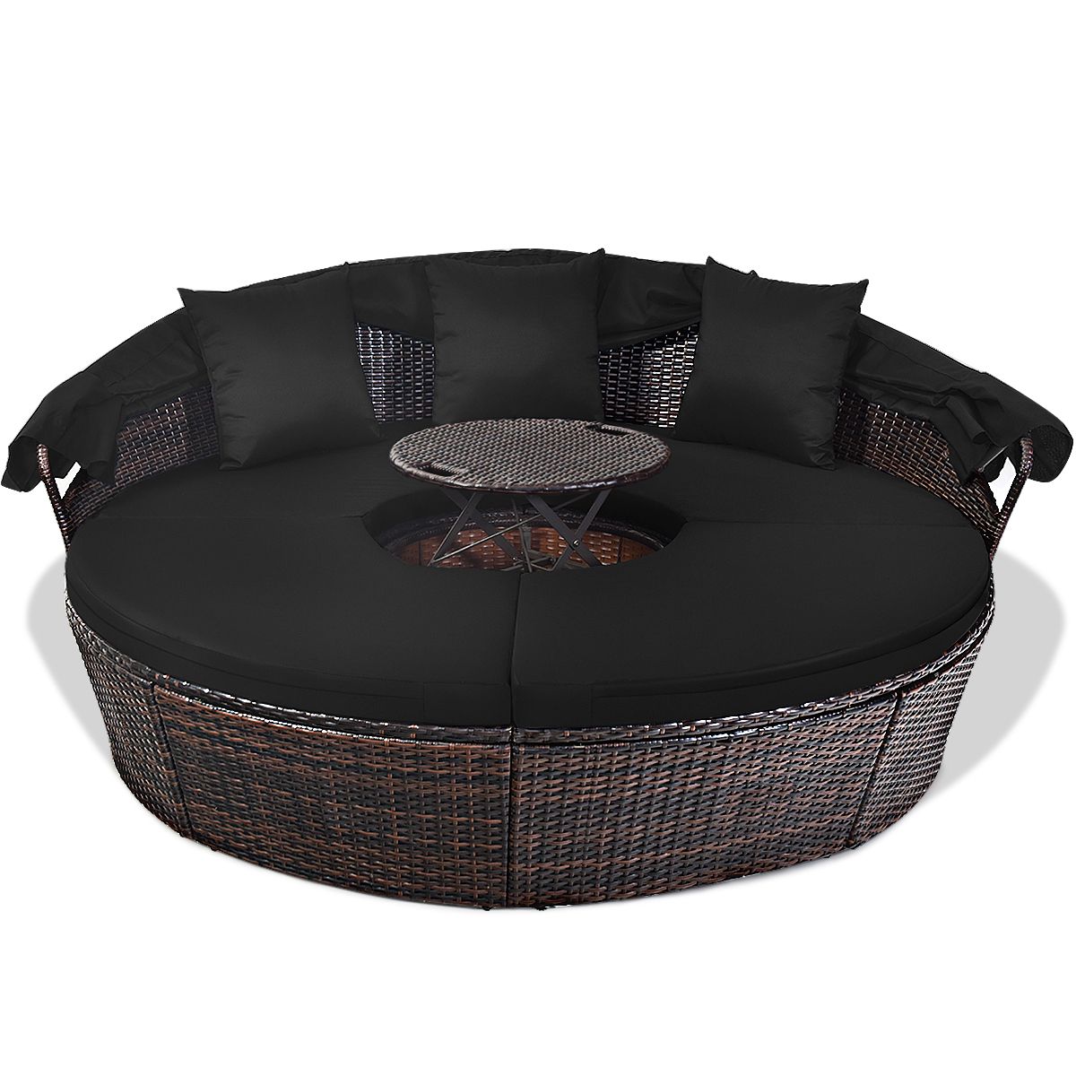 Round Outdoor Garden Bed Modular & Convertible Liftable Table - Adjustable PE Rattan Sun Shade Cushions Included Black -