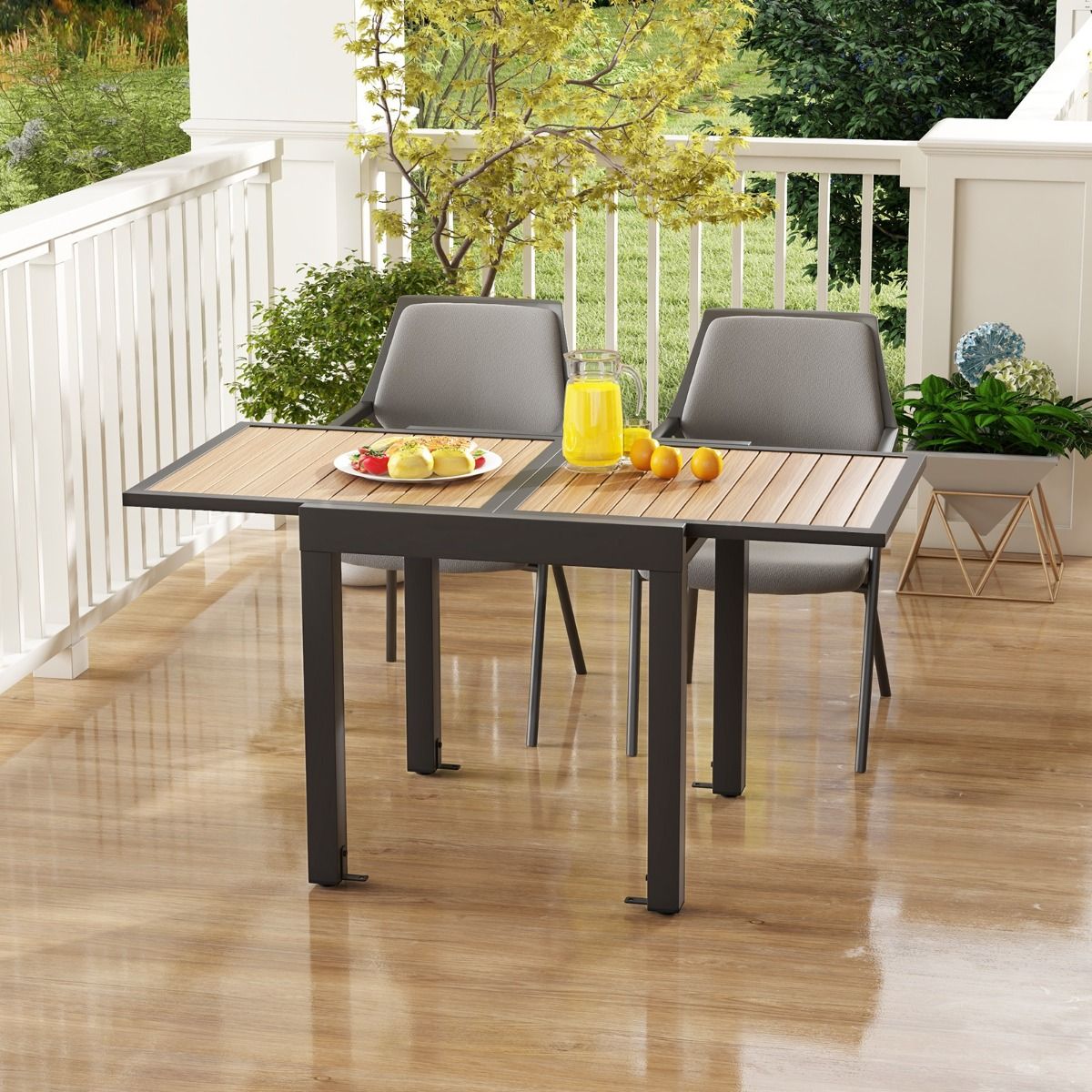 Extendable Aluminum Garden Table Adjustable from 80 to 160 CM Rectangular Outdoor Dining Table for 4-6 People Natural -