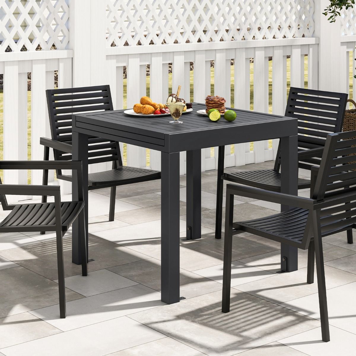 Extendable Aluminum Garden Table Adjustable from 80 to 160 CM Outdoor Dining Table Slatted Top for 4-6 People Dark Gray -