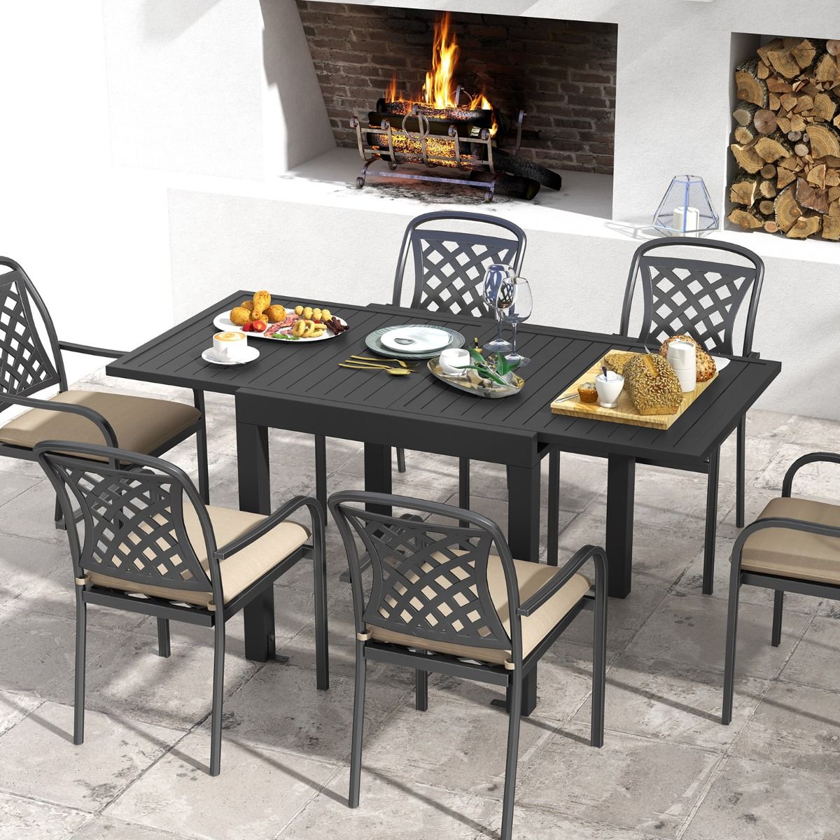 Extendable Aluminum Garden Table Adjustable from 80 to 160 CM Outdoor Dining Table Slatted Top for 4-6 People Dark Gray -