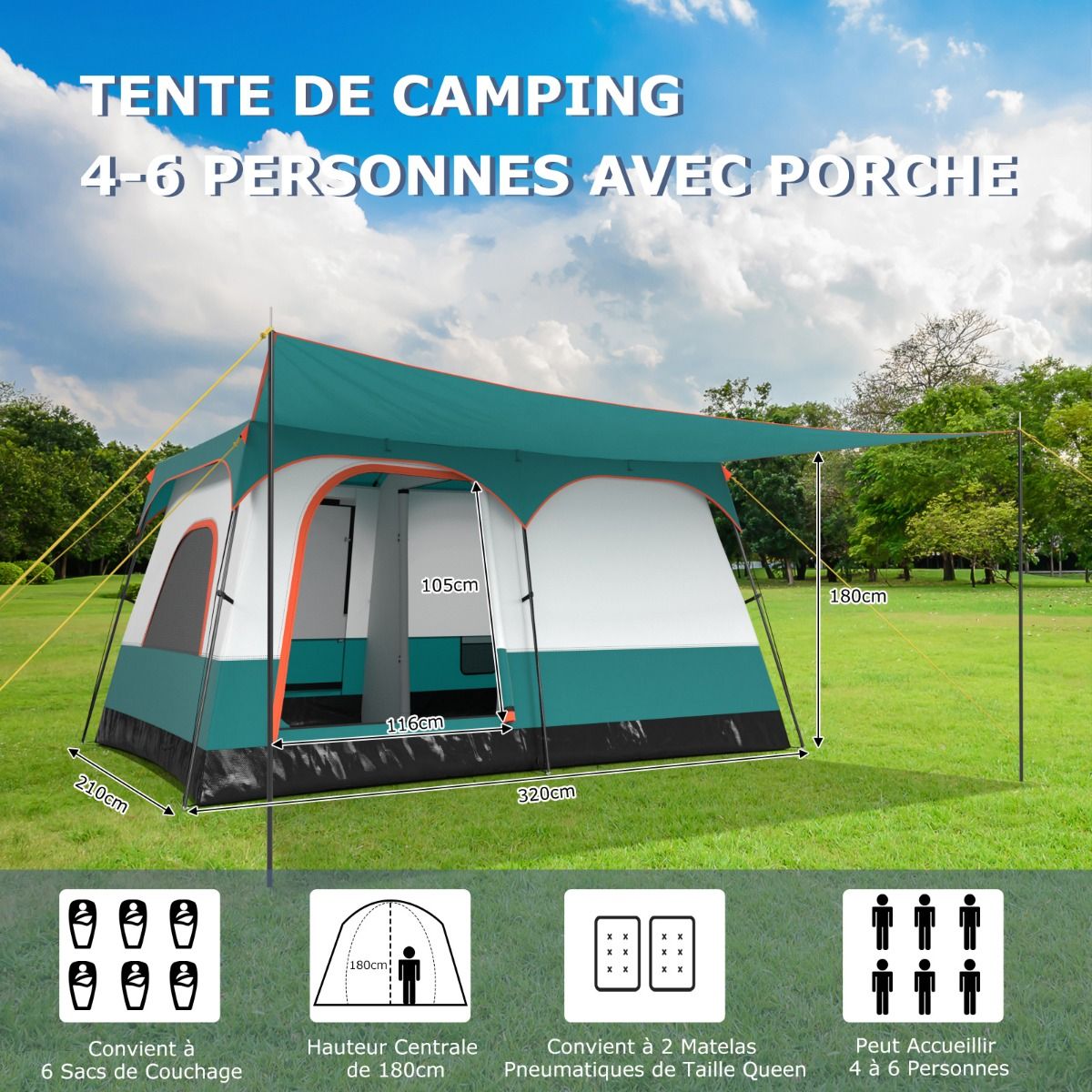 6/8/10 Person Camping Tent with Canopy Large Family Tent with 2 Bedrooms 2 Doors 2 Windows Mesh Green -