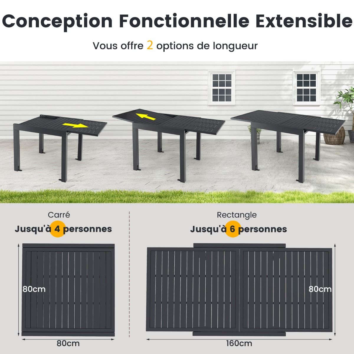 Extendable Aluminum Garden Table Adjustable from 80 to 160 CM Outdoor Dining Table Slatted Top for 4-6 People Dark Gray -
