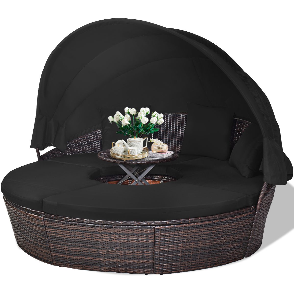 Round Outdoor Garden Bed Modular & Convertible Liftable Table - Adjustable PE Rattan Sun Shade Cushions Included Black -