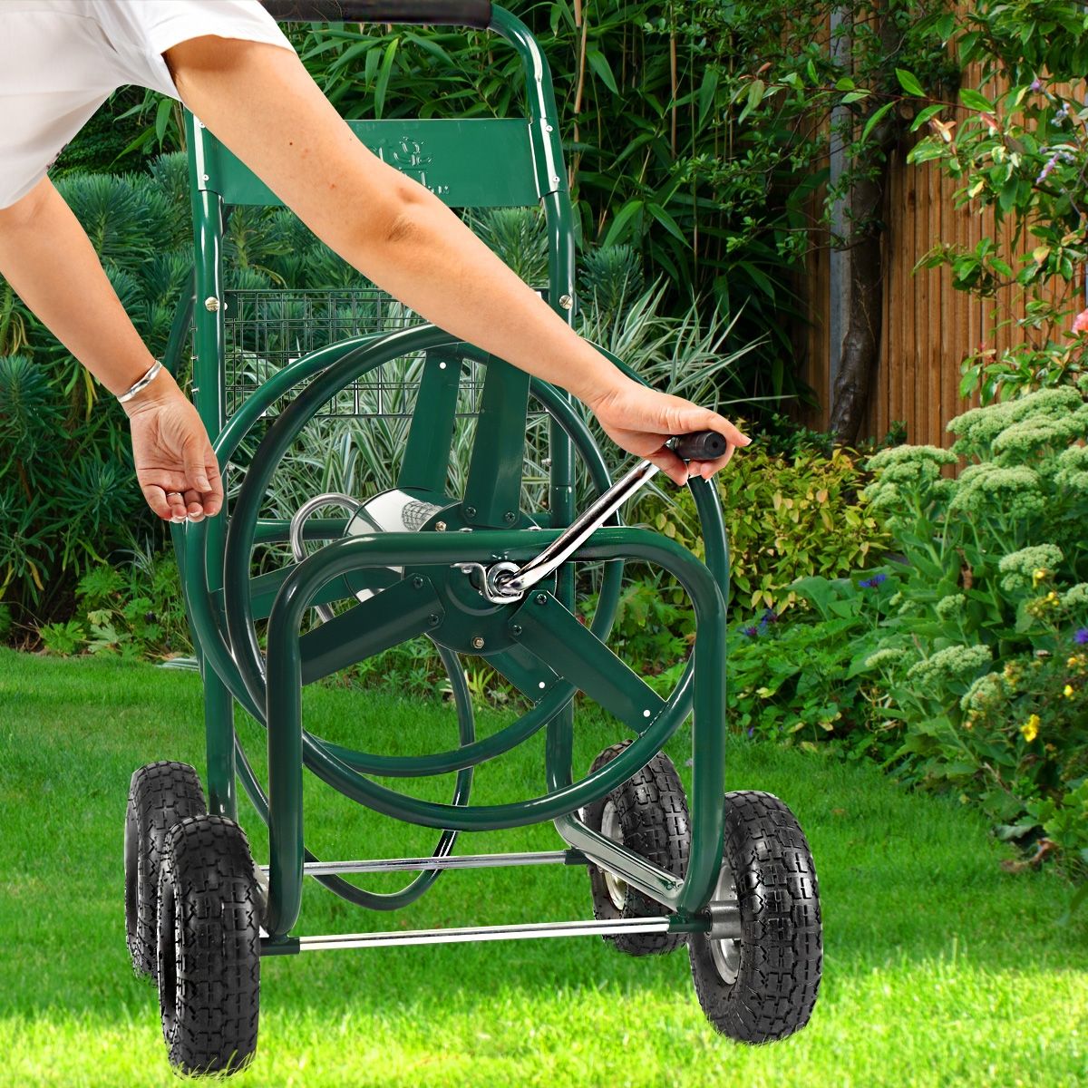 Garden Hose Reel with 4 Wheels Trolley for 1.7m of Watering Hose Basket, 95x62x113cm, Green -