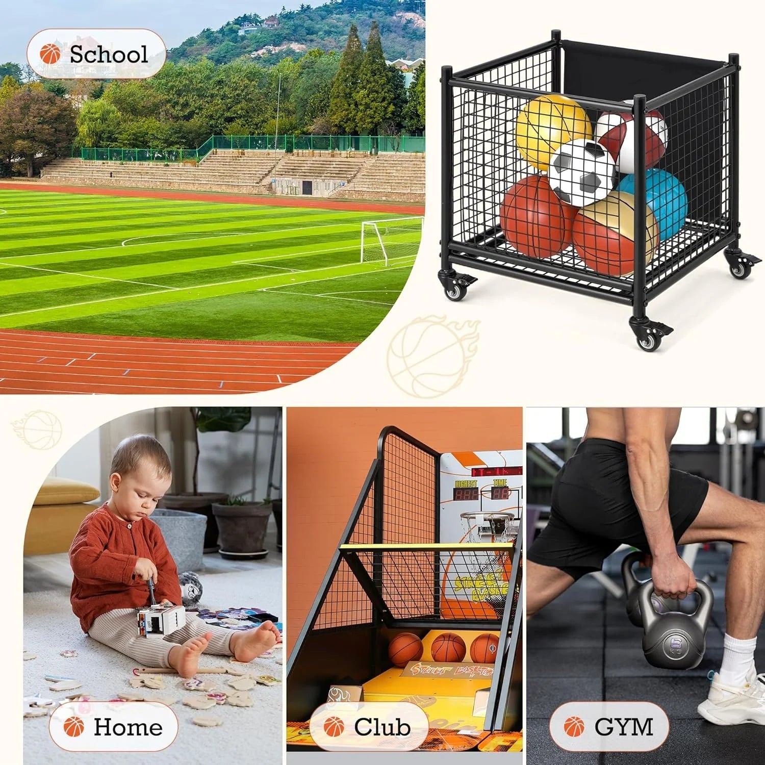 AECOJOY Ball Cart Storage, Rolling Basketball Bin with Wheels for Garage, School, Gym - Product image 4