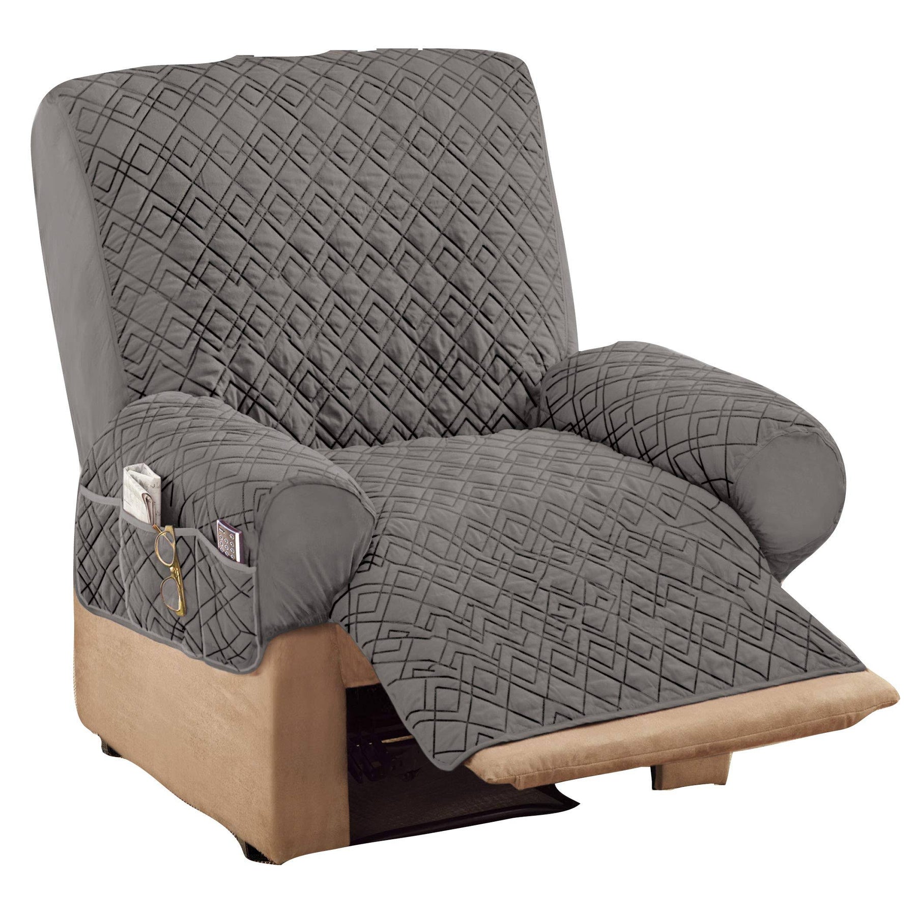 Collections Etc Diamond-Shape Quilted Stretch Recliner Cover with Storage Pockets and Elastic Straps - Product image 1