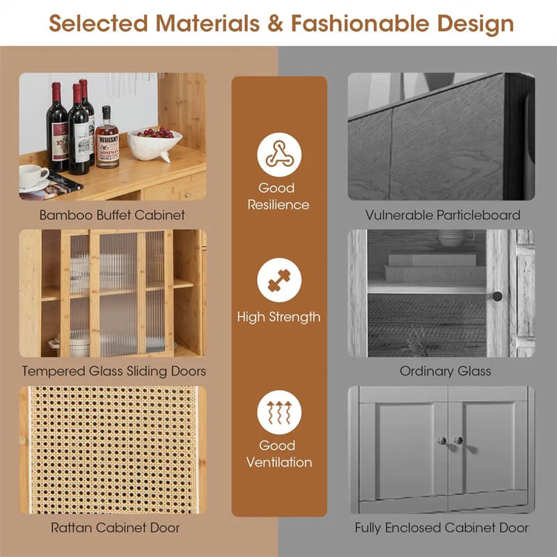 69" Tall Bamboo Kitchen Pantry Hutch Cabinet, Freestanding Buffet Sideboard with Rattan Door - Product image 6