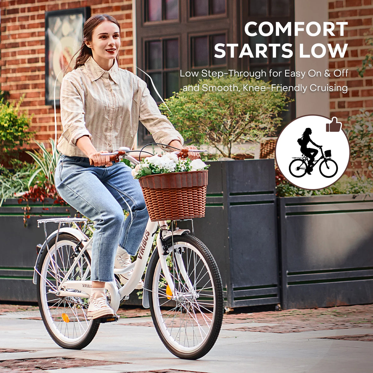 Viribus Women'S Comfort Bike 24 in Beach & City Cruiser Bicycle with Basket Rack White - Product image 4