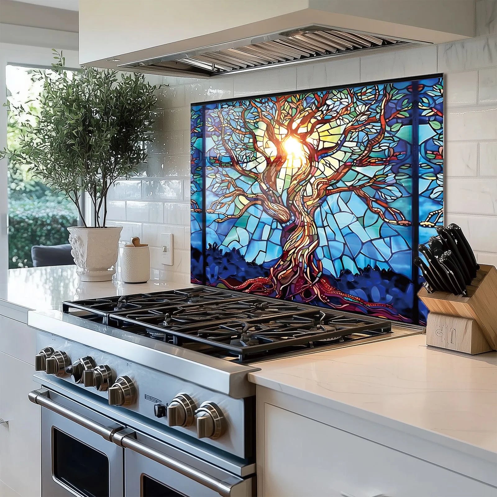 Mosaic Tree of Life Tempered Glass Backsplash for Kitchen Behind Stove, Back Top Cover - Product image 4