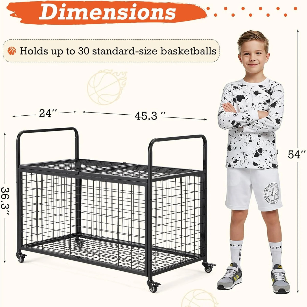 AECOJOY Ball Cart Storage, Rolling Basketball Bin with Wheels for Garage, School, Gym - Product image 2