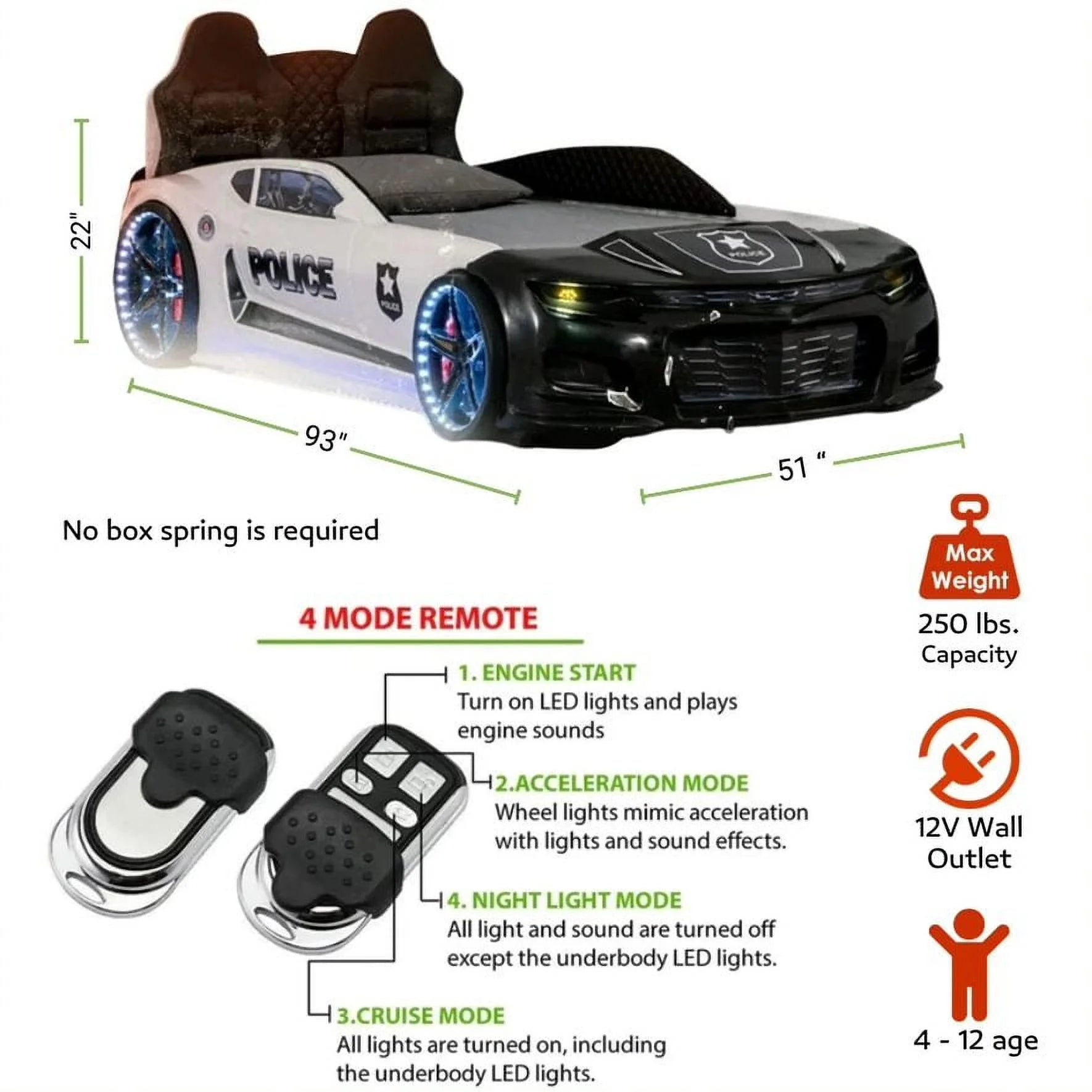 CHAMPION Twin Race Car Bed, LED Lights, Sound FX, Kids Bedroom Furniture, Children'S Car Bed - Product image 5