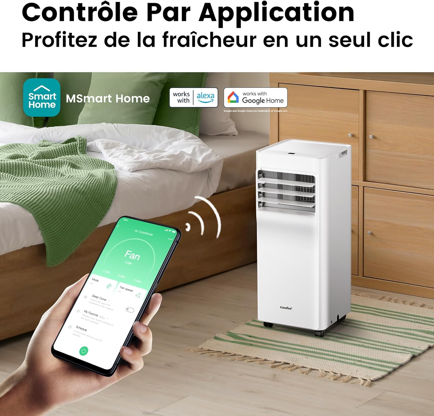 COMFEE' Mobile Air Conditioner 9000 BTU/h 2.6kW, APP Control, 3 Modes, 3 Fan Speeds, Compact Dimensions, For 33㎡ Rooms, Breezy Cool 2.6, Works with Alexa