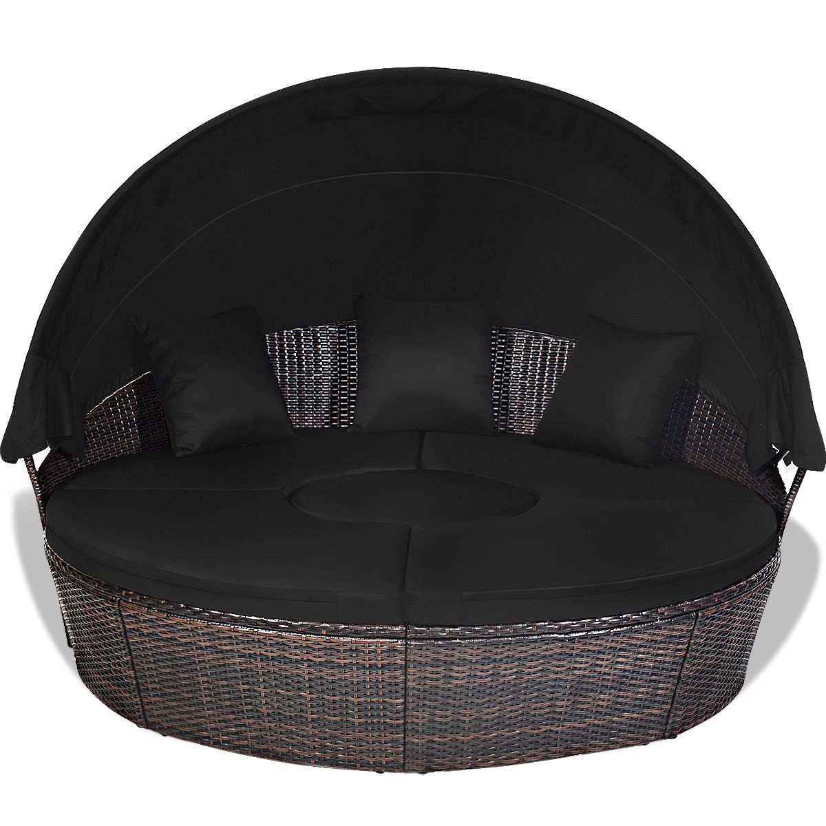 Round Outdoor Garden Bed Modular & Convertible Liftable Table - Adjustable PE Rattan Sun Shade Cushions Included Black -