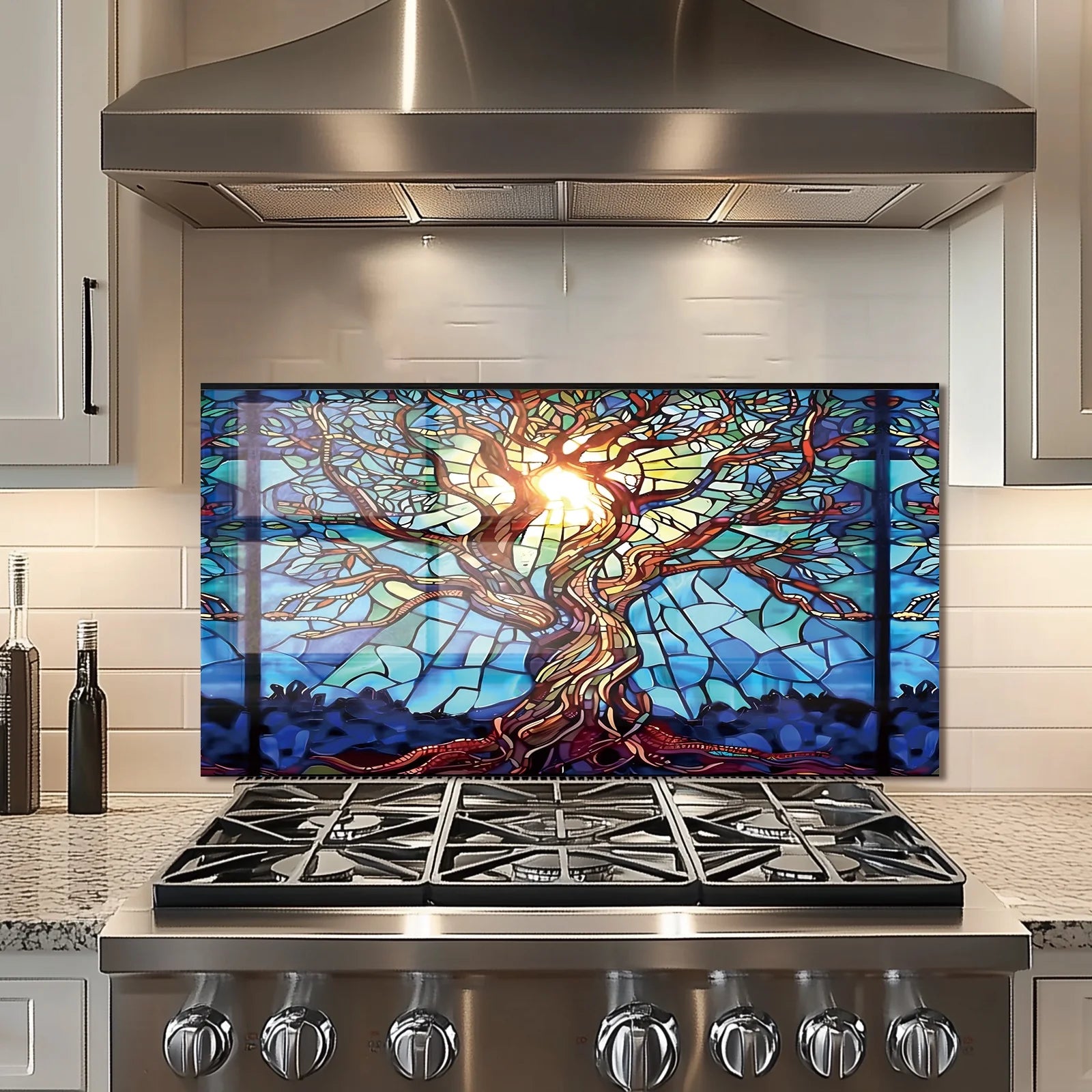 Mosaic Tree of Life Tempered Glass Backsplash for Kitchen Behind Stove, Back Top Cover - Product image 7